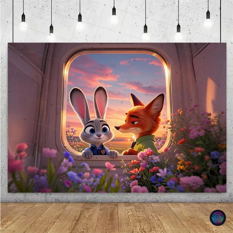 May include: A vibrant illustration of Judy Hopps and Nick Wilde from Zootopia, framed by a window overlooking a sunset. The artwork features colorful flowers and a warm, inviting atmosphere, perfect for fans of the animated film.