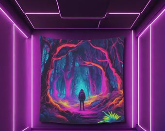 UV Reactive Psychedelic Forest Tapestry: Rave Neon Decor