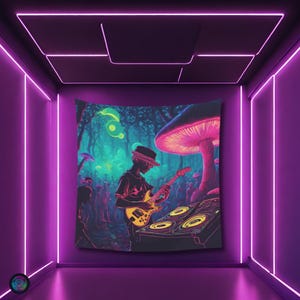 Psychedelic Guitarist Mushroom Black light reactive tapestry, Psytrance UV active trippy Decor, Rave Neon Vibe, Glowing Psychedelic Wall Art