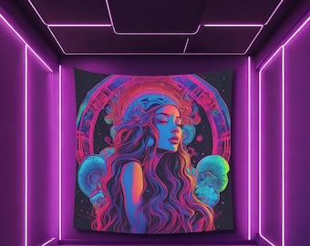 Psychedelic Woman Tapestry: UV Blacklight Reactive Rave Decor