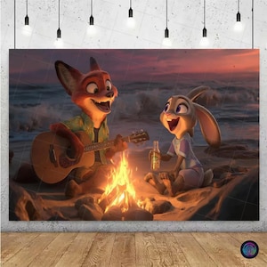 May include: A canvas print featuring animated characters from Zootopia. A fox plays a guitar by a bonfire on a beach, while a rabbit holds a bottle. The background shows the ocean at sunset, with a warm color palette.
