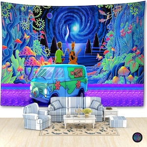 Trippy Cartoon Van Adventure Tapestry – Psychedelic Wall Art with Dog & Friend, Blacklight Reactive Decor for Dorm, Game Room or Lounge