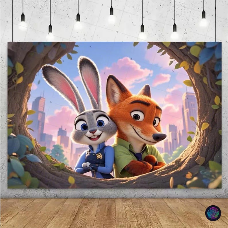 May include: A framed canvas print featuring the animated characters Judy Hopps and Nick Wilde from Zootopia. Judy, a gray rabbit, wears a blue police uniform. Nick, an orange fox, wears a green shirt. They are framed by a tree, with a city skyline in the background.