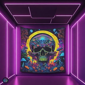 Psychedelic Floral Skull Black light reactive tapestry, Psytrance UV active trippy Decor, Rave Neon Vibe, Glowing Psychedelic Wall Art