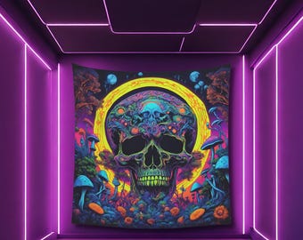 Psychedelic Floral Skull Tapestry: UV Reactive Rave Decor