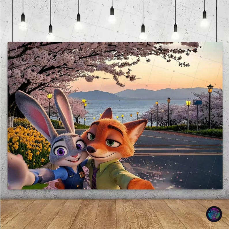 May include: A canvas print featuring Judy Hopps and Nick Wilde from Zootopia taking a selfie. The background shows a scenic view with cherry blossom trees, a road, and a lake. The characters are in a close embrace, smiling.