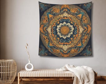 Blue & Gold Mandala Tapestry: Boho Lotus Flower Wall Hanging