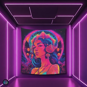 Psychedelic Vintage Women Mushroom Black light reactive tapestry,Psytrance UV active trippy Decor,Rave Neon Vibe,Glowing Psychedelic WallArt