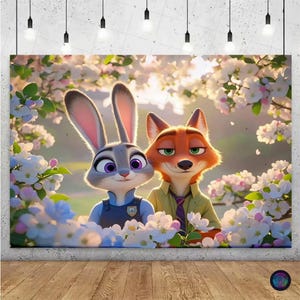 May include: A canvas print featuring the animated characters Judy Hopps and Nick Wilde from Zootopia. Judy, a gray rabbit, and Nick, an orange fox, are surrounded by white and light blue flowers. The artwork has a soft, colorful aesthetic.