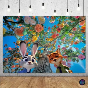 May include: A vibrant canvas print featuring Judy Hopps the bunny and Nick Wilde the fox from Zootopia, set against a backdrop of a flowering tree with colorful blooms. The artwork is set against a blue sky.