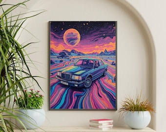 Retro Futuristic Car Print: Psychedelic Vaporwave Neon Art