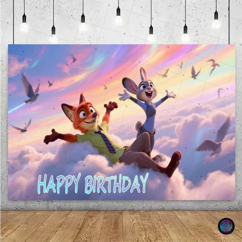 May include: A colorful banner featuring the characters Nick Wilde and Judy Hopps from Zootopia, floating on clouds under a rainbow sky. The words "HAPPY BIRTHDAY" are written in a glowing font. Birds are flying in the background.