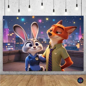 May include: A canvas print featuring the animated characters Judy Hopps, a gray rabbit, and Nick Wilde, an orange fox, from the movie Zootopia. They are standing on a rooftop with a city skyline and colorful stars in the background.