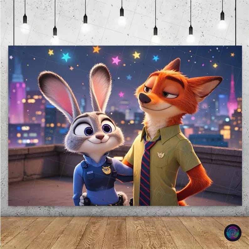 May include: A canvas print featuring the animated characters Judy Hopps, a gray rabbit, and Nick Wilde, an orange fox, from the movie Zootopia. They are standing on a rooftop with a city skyline and colorful stars in the background.