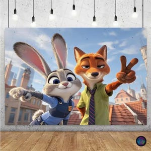 May include: A canvas print featuring Judy Hopps, a gray rabbit, and Nick Wilde, an orange fox, from the animated film Zootopia. Judy is wearing a blue police uniform, and Nick is wearing a green shirt and tie. The background shows a cityscape.