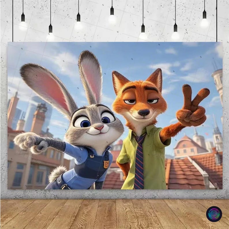 May include: A canvas print featuring Judy Hopps, a gray rabbit, and Nick Wilde, an orange fox, from the animated film Zootopia. Judy is wearing a blue police uniform, and Nick is wearing a green shirt and tie. The background shows a cityscape.