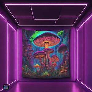 Psychedelic Vintage Mushroom Black light reactive tapestry, Psytrance UV active trippy Decor, Rave Neon Vibe, Glowing Psychedelic Wall Art