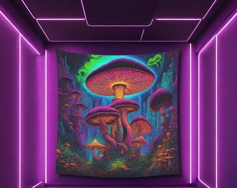 Psychedelic Mushroom Tapestry: UV Reactive Trippy Rave Decor