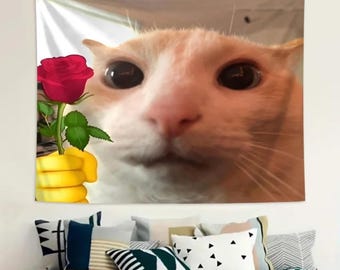 Funny Cat with Rose Tapestry: Meme Wall Art for Cat Lovers