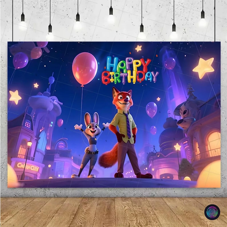 May include: A colorful birthday backdrop featuring the characters Judy Hopps and Nick Wilde from Zootopia. The backdrop includes the text "Happy Birthday", balloons, and city buildings under a starry night sky.