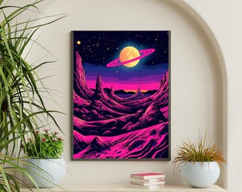 UV Reactive Psychedelic Space Tapestry: Neon Planet Art, Vaporwave Decor