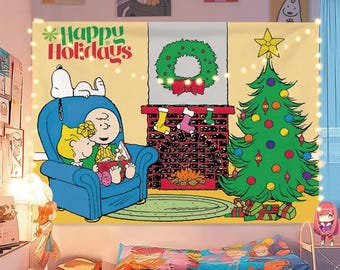 Peanuts Gang Tapestry | Charlie Brown & Snoopy Wall Hanging | Christmas Holiday Decor | Nostalgic Cartoon Dorm Art