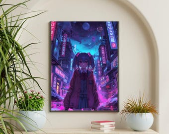 Cyberpunk Anime Girl Tapestry: Neon Vaporwave Cityscape Art
