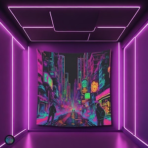 Psychedelic Japan Street Black light reactive tapestry, Psytrance UV active trippy Decor, Rave Neon Vibe, Glowing Psychedelic Wall Art.