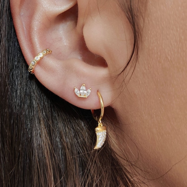 Mini créole corne - en argent plaqué or - Little creole earring horn claw unity cerceau anneau gold or bohème minimaliste silver sterling