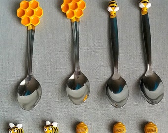 Stainless steel spoon Fimo polymer clay Bee honey, honey, honey cell of your choice - Handmade