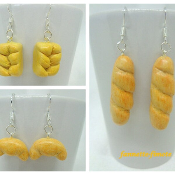 Boucles d'oreilles Pâte Polymère Fimo Viennoiseries aux choix - Brioche, croissant ou Baguette de pain - Fait main