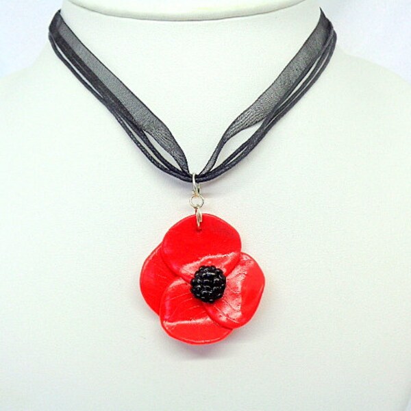 Collier Pâte Polymère Fimo Fleur "Coquelicot" Rouge et Noir - Fait main