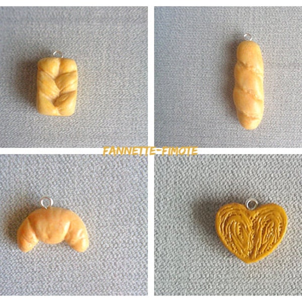 Charm or Breloque Gourmet Pastries: Brioche, Baguette of Bread, Croissant or Palm Tree Fimo Polymer Clay - Sold individually