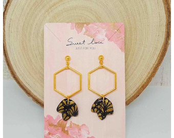 SONIA | Boucles d'oreilles pendante Femme chic puces d'oreilles Connecteur Hexagone Fimo Pâte polymère Argile Épi, noir doré, or, fait main