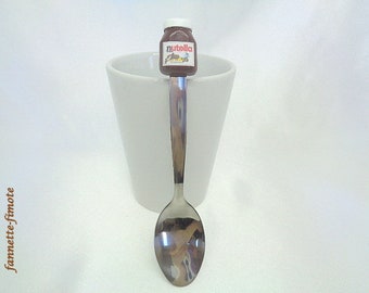 Children's stainless steel spoon in polymer clay Fimo Gourmandise Breakfast Pot of Nutella - Handmade