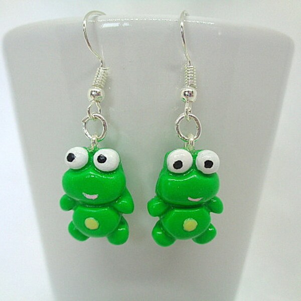 Fimo Polymer Clay Earrings Adult Child Animal Theme Green Frogs - Handmade