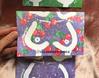 Glossy 4 by 6 or 6 by 4 inch print of Original Painting Clouds, Sun, Cherries, Speckled: Female Body with Speckles/Aesthetic/Indie, boob art
