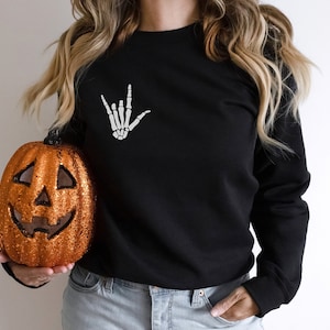 Sugar Skull Sweatshirt, Halloween Sweatshirt, Minimal Halloween Sweater, Dia de Los Muertos Sweater, Skeleton I Love You, Halloween Skeleton