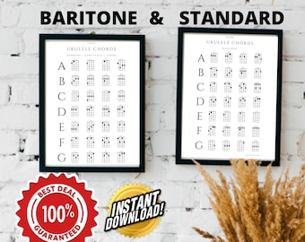 May include: Two black framed posters with white backgrounds showing ukulele chord charts for baritone and standard ukuleles. The posters are hanging on a white brick wall. The text on the posters reads "Ukulele Chords" and includes the letters A through G. Below the posters is a red and white circular sticker that says "Best Deal 100% Guaranteed" and a gold circular sticker that says "Instant Download!"