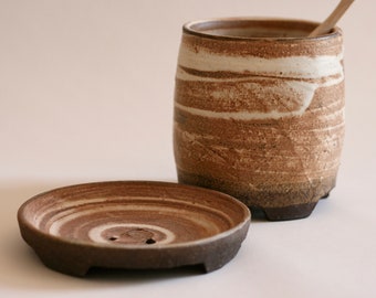 Set of Brown Ceramic Toothbrush Holder & Soap Dish | Japanese style Pottery