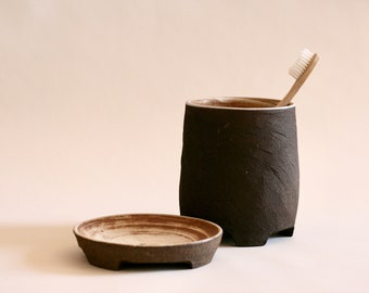 Set of Black Ceramic Toothbrush Holder & Soap Dish | Japanese style Pottery
