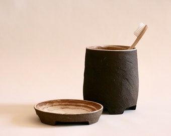 Handmade Set of Black Ceramic Toothbrush Holder & Soap Dish | Japanese style Pottery