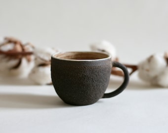 Black small ceramic cup | Espresso cup with Handle | Japanese style Pottery