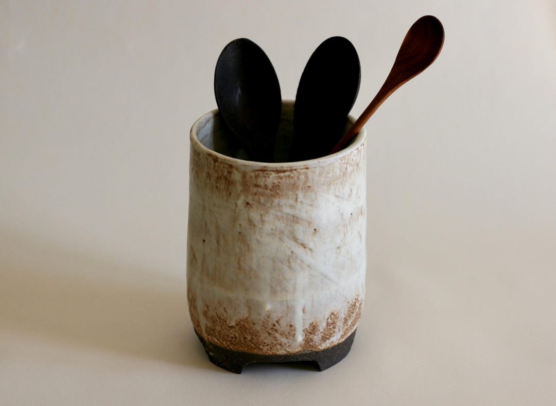 Handmade Ceramic Cream Utensil Holder | Minimalist Kitchen Crock Holder ...