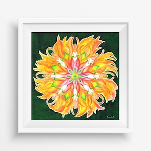 May include: A framed watercolor painting featuring a vibrant, symmetrical floral design. The artwork showcases a central pink and green core, surrounded by layers of orange and yellow petals, set against a dark green background. The piece is encased in a white frame.
