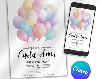 Mall för första födelsedagsinbjudan med pastellfärgade ballonger | Inbjudan till flickas första födelsedag | Pastellfärgad fest | Redigerbar digital mall, telefonvisning D004