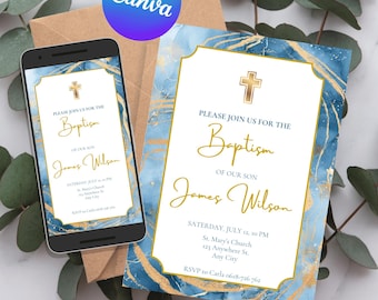 Boy Baptism Invitation Template, Modern Blue Watercolor Baptism Invite, Gold Boys Baptism Evite, Digital Invitation, Phone Canva H003