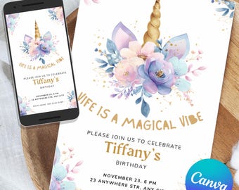 Editable Unicorn Birthday Invitation, 5th Five is a Magical Vibe, Magical Party Invite, Girl Pastel Birthday Template, Rainbow Download U003
