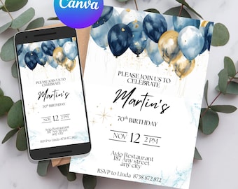 Men's Birthday Invitation Template | Editable Blue Silver Gold Balloons Party Invite | Adult Birthday Let's Celebrate Printable BB001