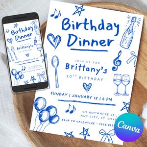 Minimal Blue Dinner Invitation Template, Editable Dinner Party Invite, Birthday Dinner Evite, Adult Party Invitation, Printable Card I002